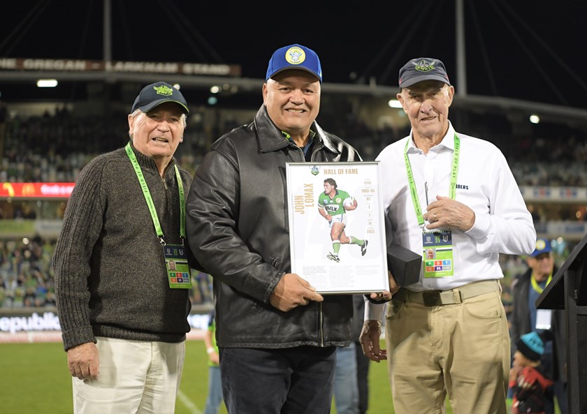 Last year John Lomax (centre) was inducted into the Raiders' Hall of Fame.