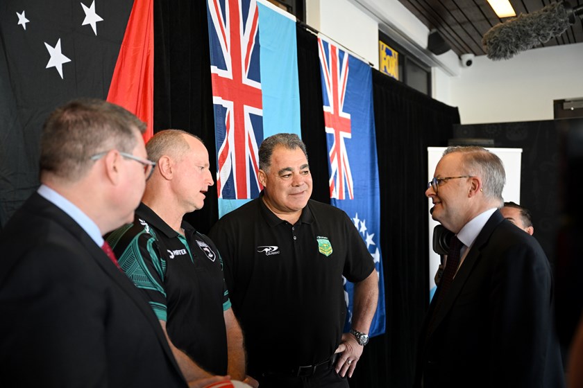 New Zealand men's coach Michael Maguire and Australian Kangaroos coach Mal Meninga with Australian Prime Minister Anthony Albanese.