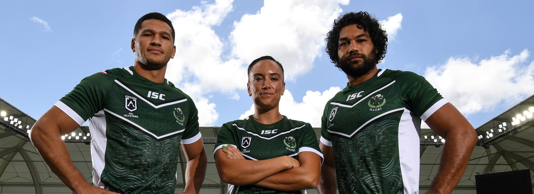 Maori All Stars captains Dallin Watene-Zelezniak, Krystal Rota and Adam Blair.