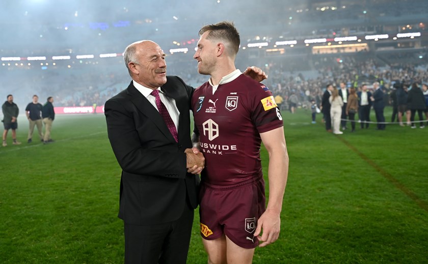 Wally Lewis congratulates Cameron Munster after Queensland's 2023 Origin series win.