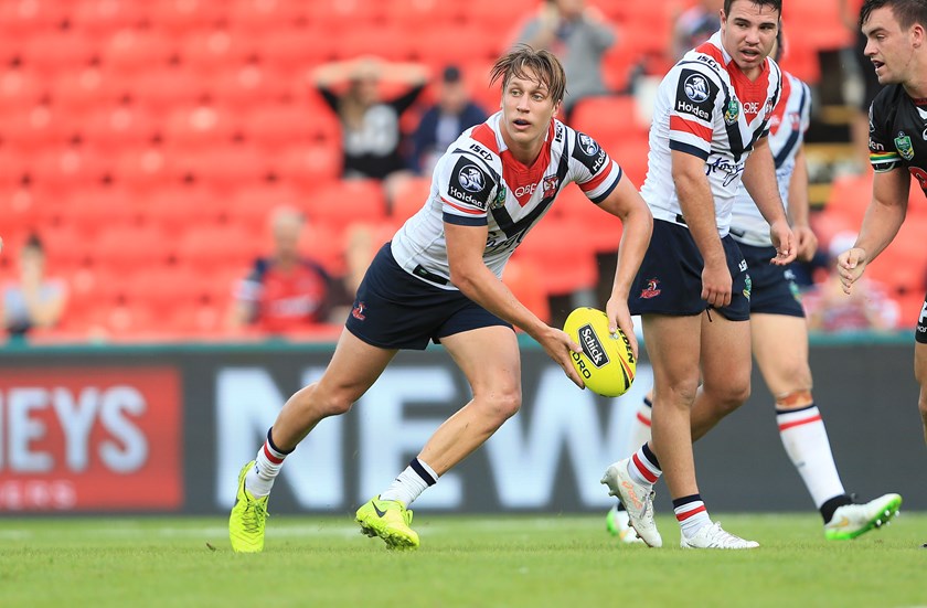 Marschke fires a pass out of dummy half for the Roosters' NYC side in 2017.