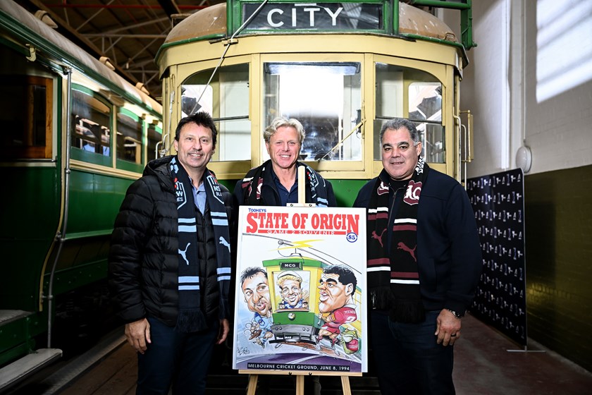 Laurie Daley, Dermot Brereton and Mal Meninga re-created Scott 'Boo' Bailey's famous cartoon on the cover of the 1994 MCG Origin program.