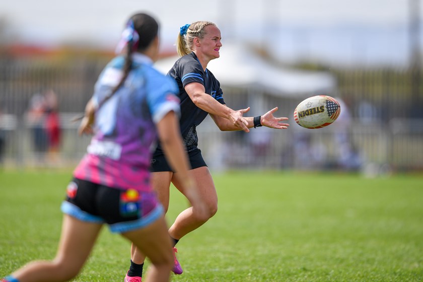 Emily Bass in action for Renegades at the NRL 9s in Las Vegas.